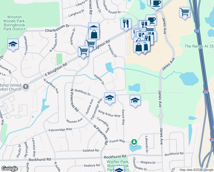 map of restaurants, bars, coffee shops, grocery stores, and more near 528 Falconridge Way in Bolingbrook