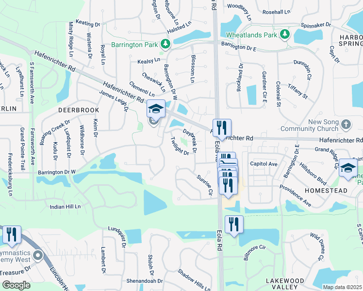 map of restaurants, bars, coffee shops, grocery stores, and more near 2355 Twilight Drive in Aurora