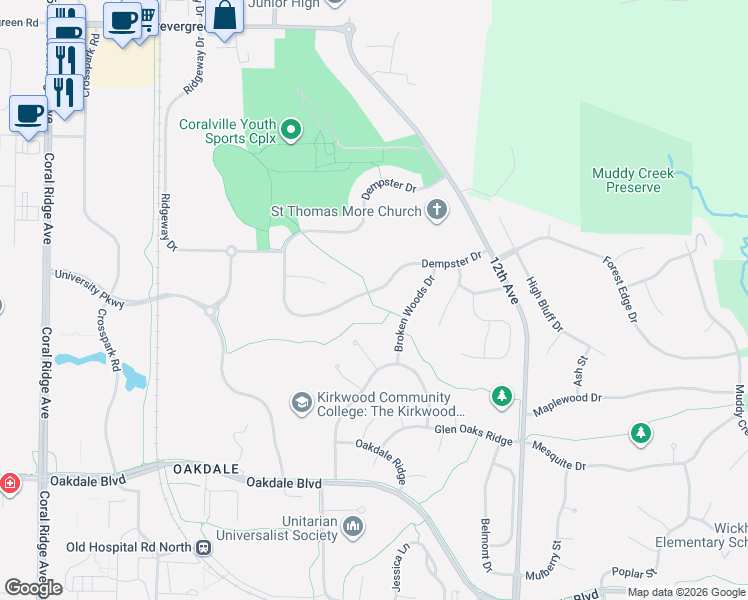 map of restaurants, bars, coffee shops, grocery stores, and more near 2731 Oakmont Ct in Coralville