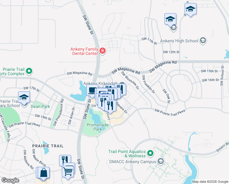 map of restaurants, bars, coffee shops, grocery stores, and more near 1450 Southwest Vintage Parkway in Ankeny