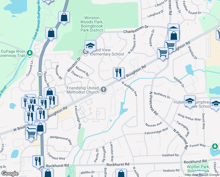 map of restaurants, bars, coffee shops, grocery stores, and more near 561 Goodwin Drive in Bolingbrook