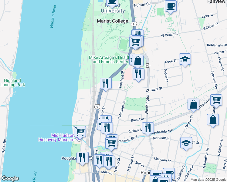 map of restaurants, bars, coffee shops, grocery stores, and more near 39 Spruce Street in Poughkeepsie