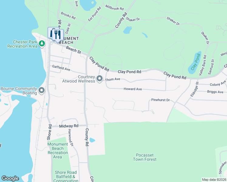 map of restaurants, bars, coffee shops, grocery stores, and more near 16 Tiffany Road in Bourne