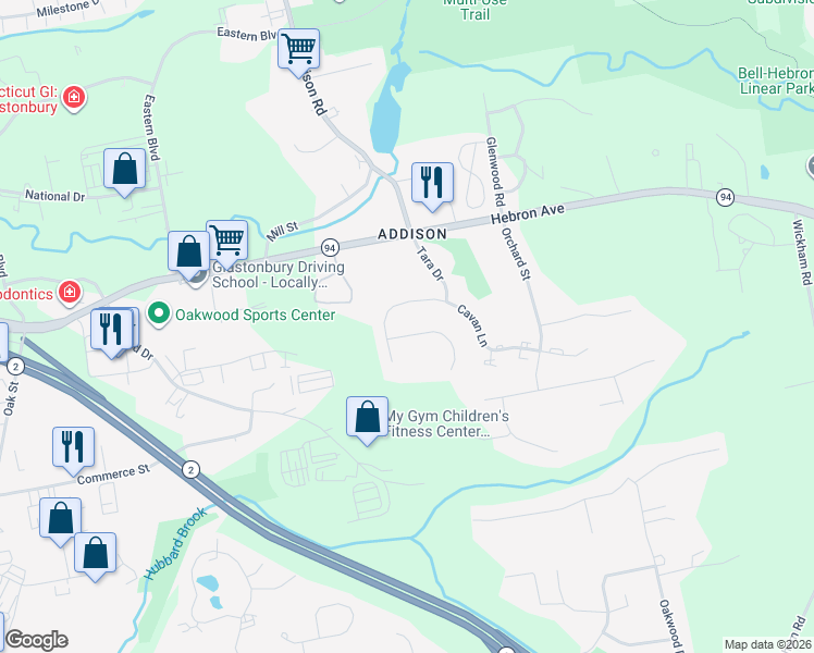 map of restaurants, bars, coffee shops, grocery stores, and more near 12 Crestdale Road in Glastonbury
