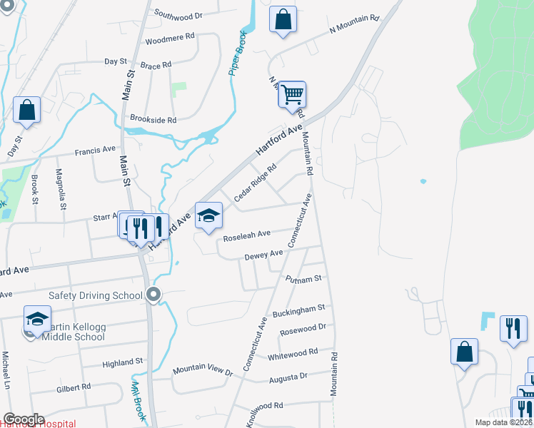 map of restaurants, bars, coffee shops, grocery stores, and more near 166 Roseleah Avenue in Newington