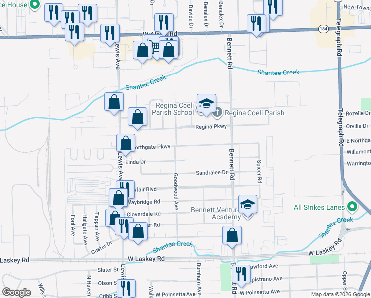 map of restaurants, bars, coffee shops, grocery stores, and more near 650 Linda Drive in Toledo