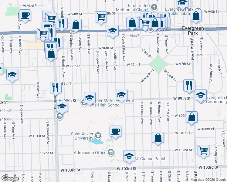 map of restaurants, bars, coffee shops, grocery stores, and more near 9851 South Millard Avenue in Evergreen Park