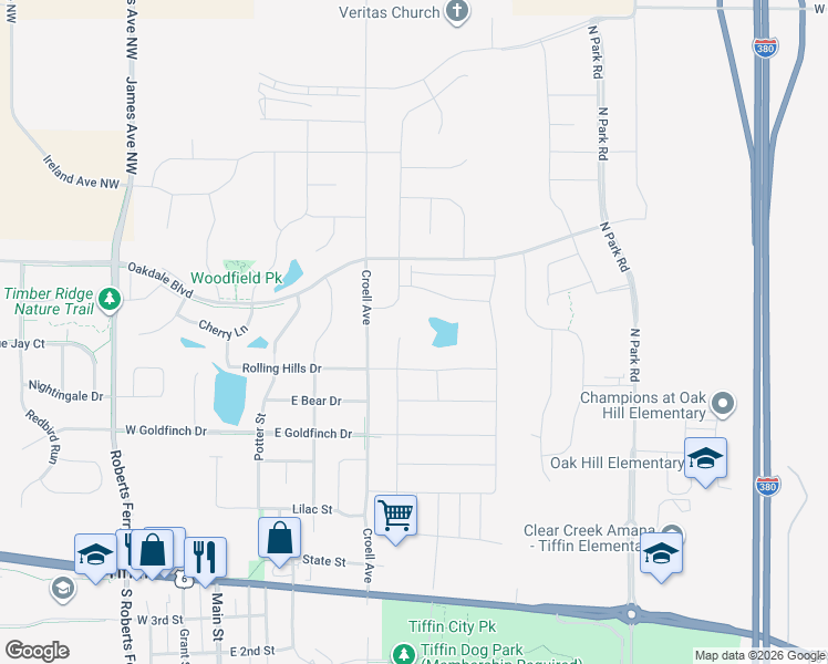 map of restaurants, bars, coffee shops, grocery stores, and more near 698 Rolling Hills Drive in Tiffin