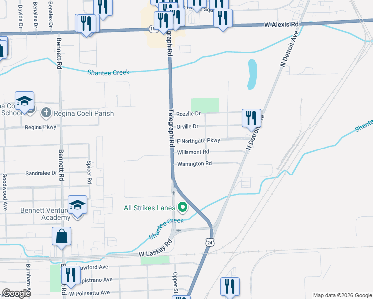 map of restaurants, bars, coffee shops, grocery stores, and more near 101 Warrington Road in Toledo