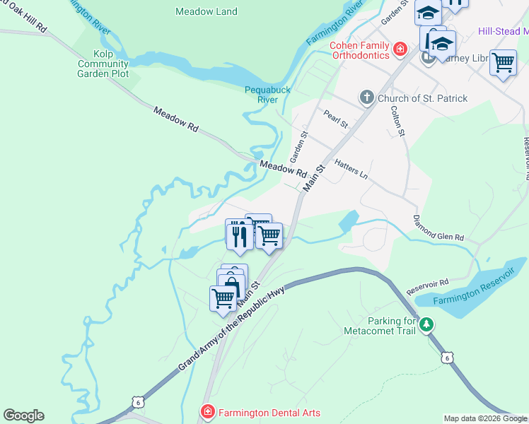 map of restaurants, bars, coffee shops, grocery stores, and more near 22 Tunxis Street in Farmington