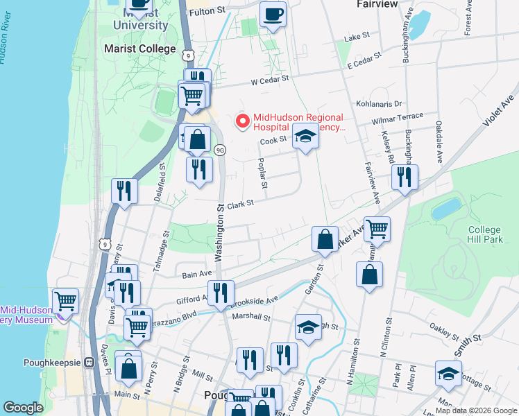 map of restaurants, bars, coffee shops, grocery stores, and more near 159 Washington Street in Poughkeepsie