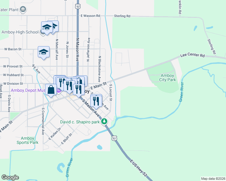 map of restaurants, bars, coffee shops, grocery stores, and more near 425 East Bluff Street in Amboy
