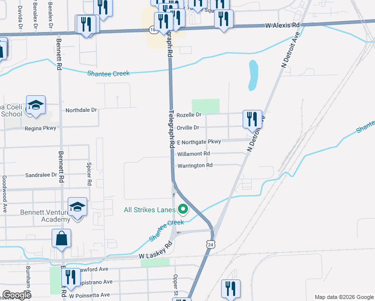 map of restaurants, bars, coffee shops, grocery stores, and more near 105 East Northgate Parkway in Toledo