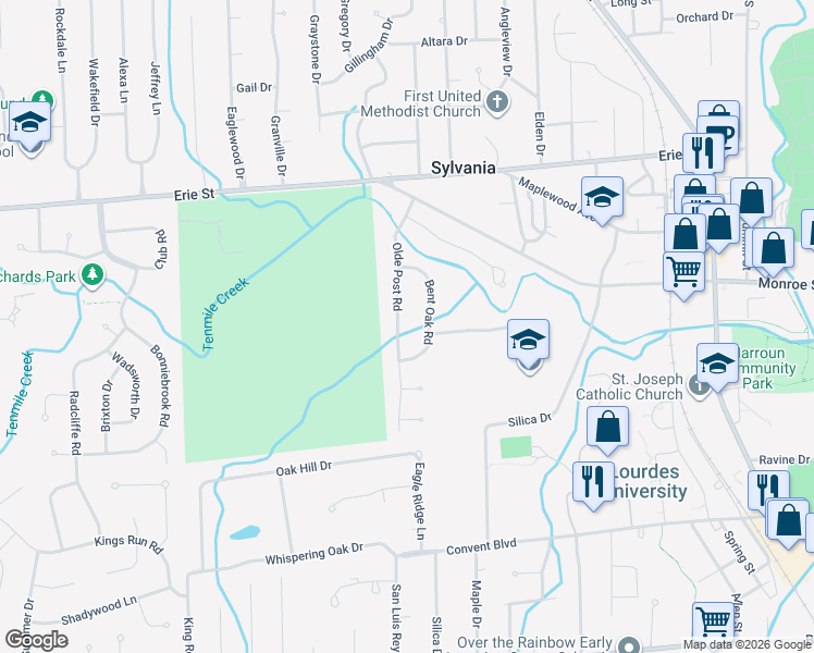 map of restaurants, bars, coffee shops, grocery stores, and more near 5608 Olde Post Road in Sylvania