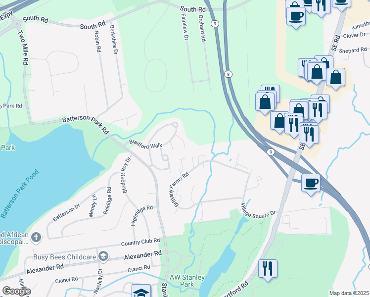 map of restaurants, bars, coffee shops, grocery stores, and more near Bradford Walk in New Britain