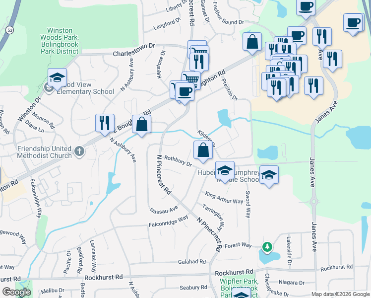 map of restaurants, bars, coffee shops, grocery stores, and more near 520 Whitby Court in Bolingbrook