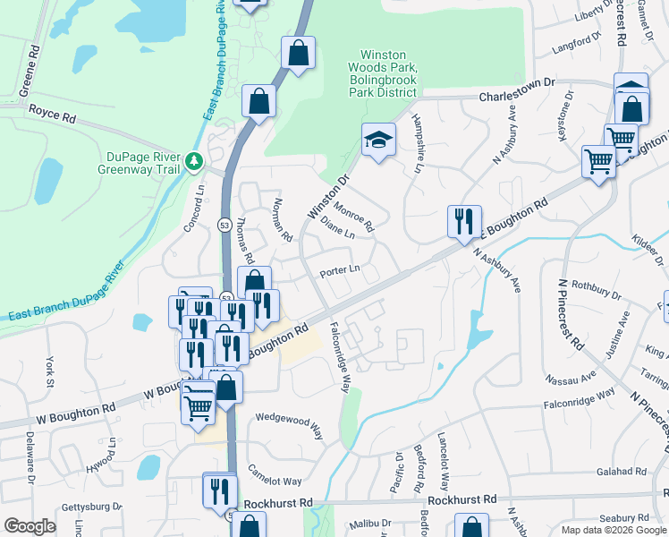 map of restaurants, bars, coffee shops, grocery stores, and more near 214 Porter Lane in Bolingbrook