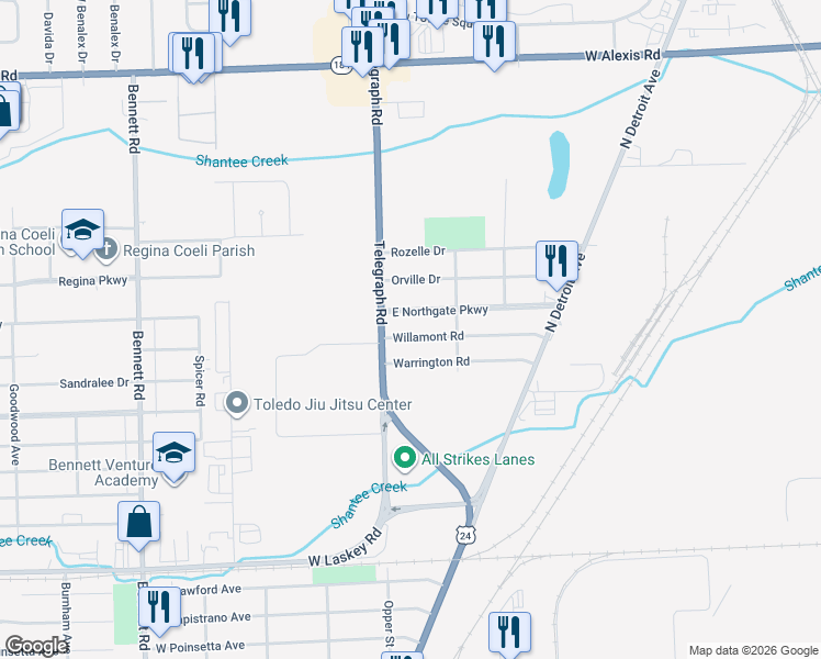 map of restaurants, bars, coffee shops, grocery stores, and more near 105 East Northgate Parkway in Toledo