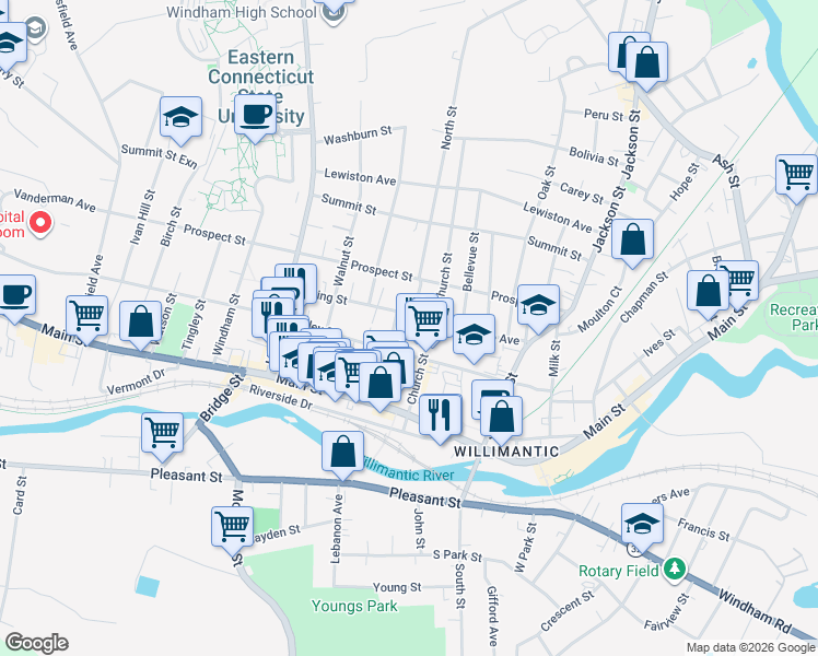 map of restaurants, bars, coffee shops, grocery stores, and more near 88 North Street in Windham