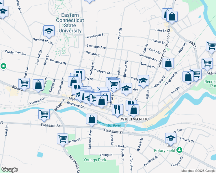 map of restaurants, bars, coffee shops, grocery stores, and more near 88 North Street in Windham