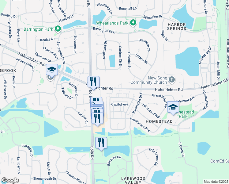 map of restaurants, bars, coffee shops, grocery stores, and more near 2516 Hafenrichter Road in Plainfield