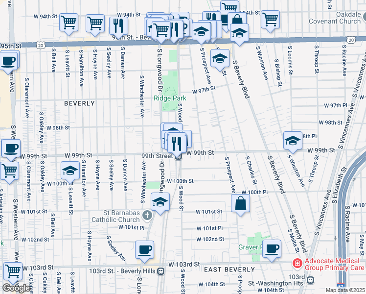 map of restaurants, bars, coffee shops, grocery stores, and more near 9851 South Wood Street in Chicago