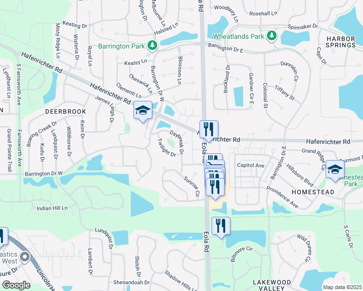 map of restaurants, bars, coffee shops, grocery stores, and more near 2230 Daybreak Dr in Aurora