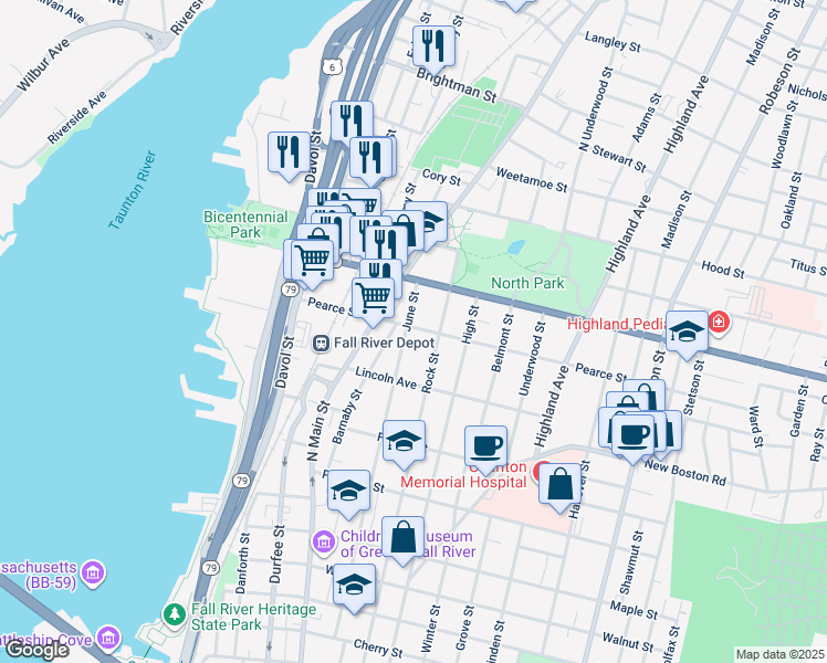 map of restaurants, bars, coffee shops, grocery stores, and more near 708 June Street in Fall River