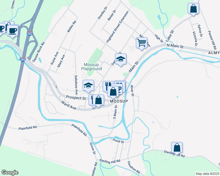 map of restaurants, bars, coffee shops, grocery stores, and more near 77 Main Street in Plainfield