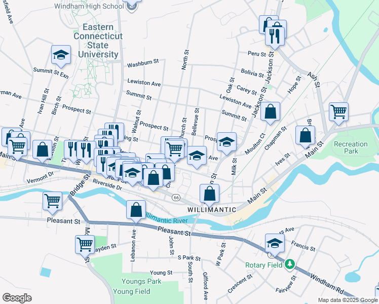 map of restaurants, bars, coffee shops, grocery stores, and more near 26 Bellevue Street in Windham