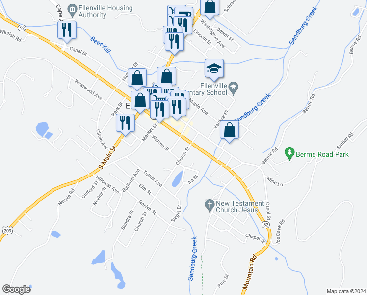 map of restaurants, bars, coffee shops, grocery stores, and more near 105 Center Street in Ellenville