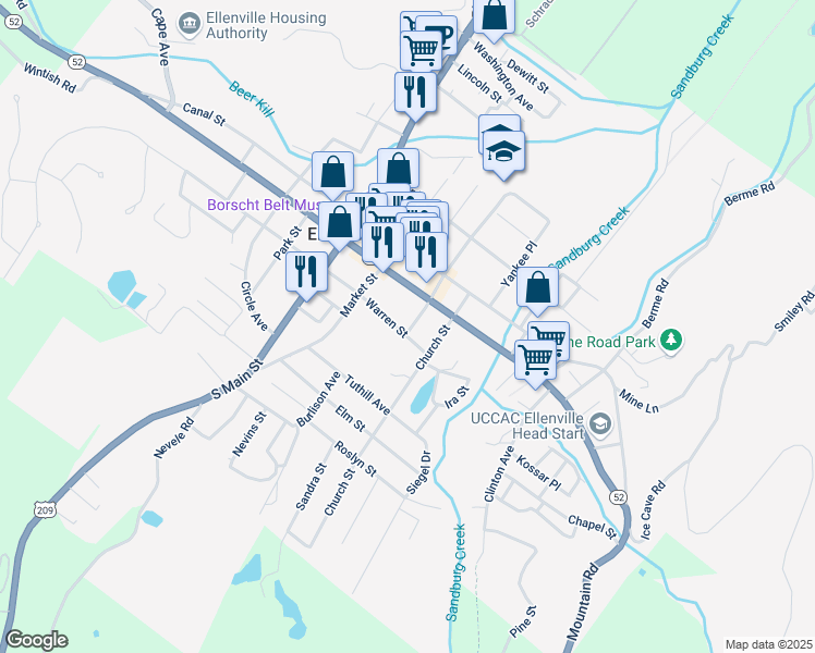 map of restaurants, bars, coffee shops, grocery stores, and more near 105 Center Street in Ellenville