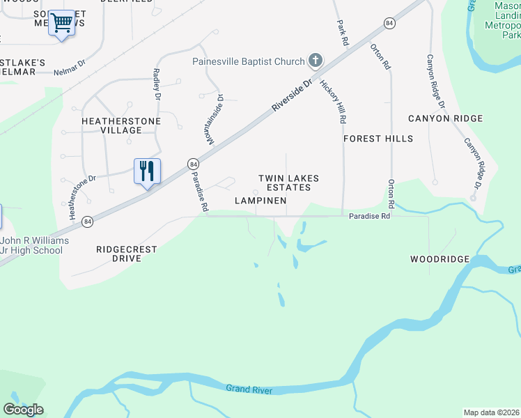 map of restaurants, bars, coffee shops, grocery stores, and more near 401 Armi Circle in Painesville