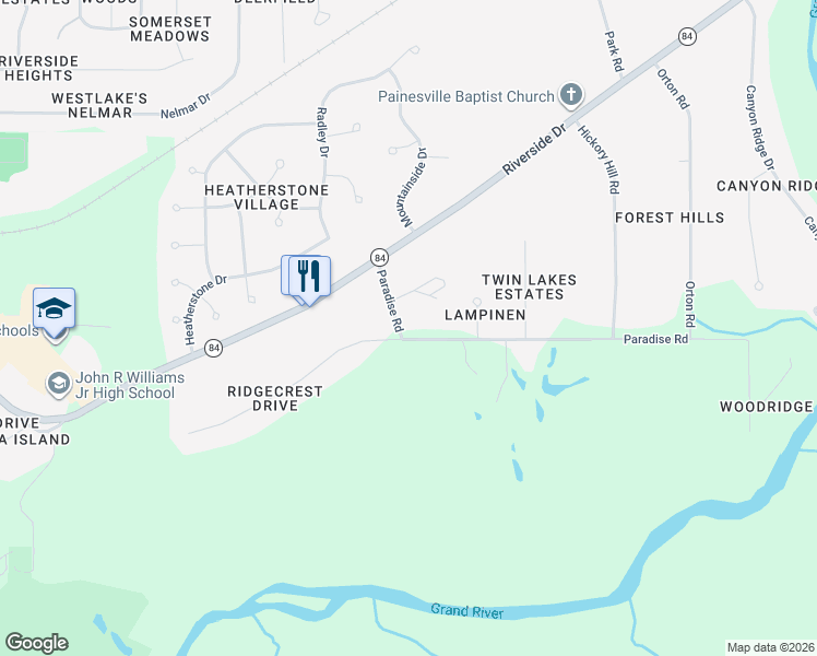 map of restaurants, bars, coffee shops, grocery stores, and more near 41 Paradise Road in Painesville