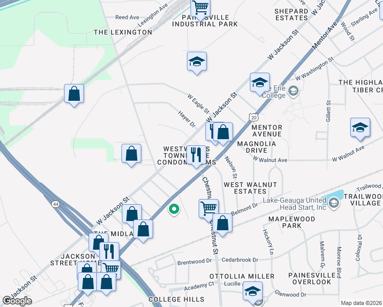 map of restaurants, bars, coffee shops, grocery stores, and more near 724 West Jackson Street in Painesville