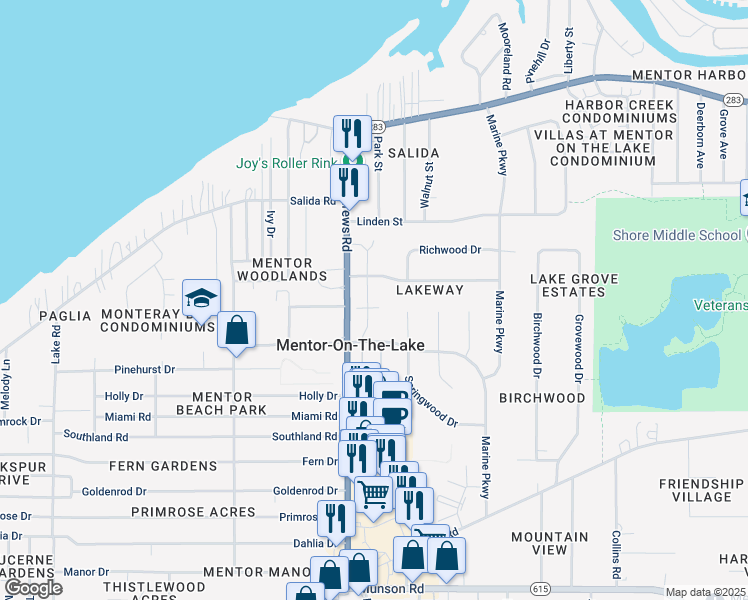 map of restaurants, bars, coffee shops, grocery stores, and more near 5769 South Winds Drive in Mentor-on-the-Lake