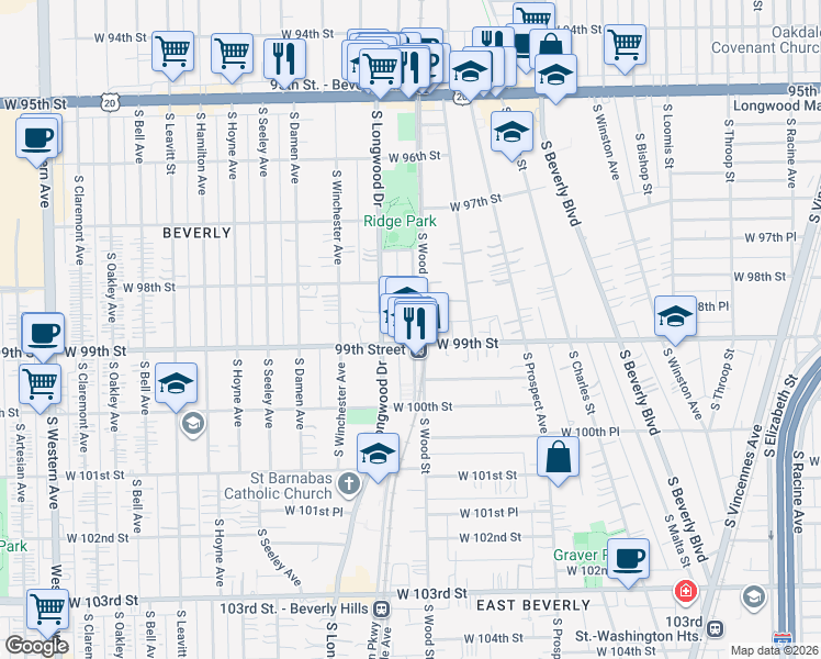 map of restaurants, bars, coffee shops, grocery stores, and more near 9822 South Walden Parkway in Chicago