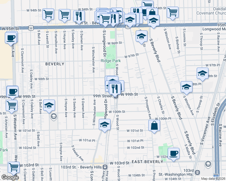 map of restaurants, bars, coffee shops, grocery stores, and more near 9822 South Walden Parkway in Chicago