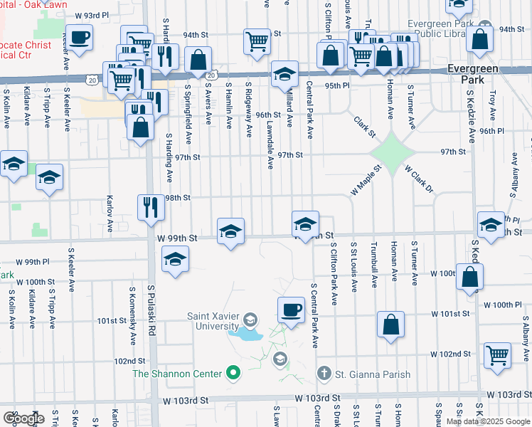 map of restaurants, bars, coffee shops, grocery stores, and more near 9800 Lawndale Avenue in Evergreen Park