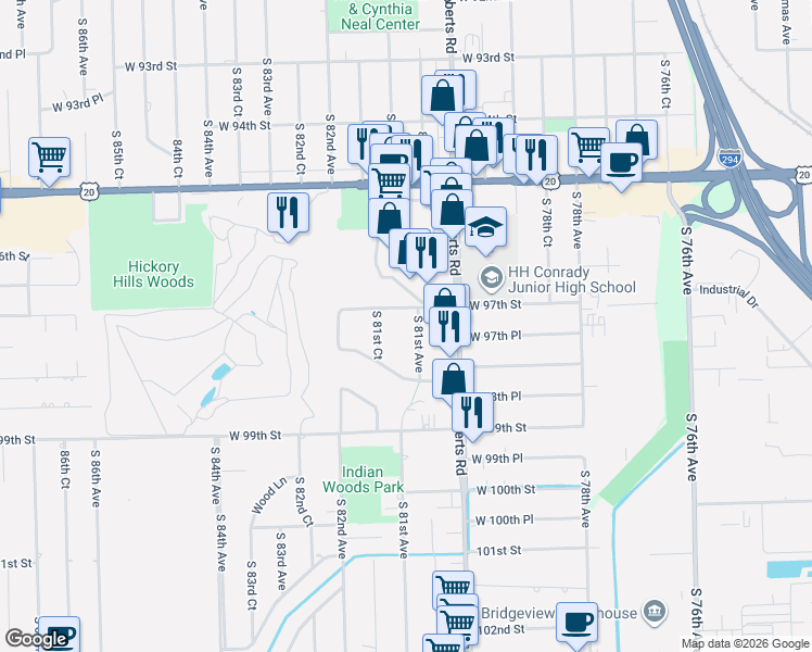 map of restaurants, bars, coffee shops, grocery stores, and more near 9622 South Roberts Road in Oak Lawn