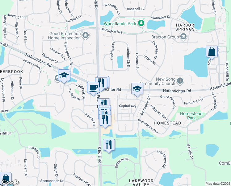map of restaurants, bars, coffee shops, grocery stores, and more near 2504 Hafenrichter Road in Plainfield