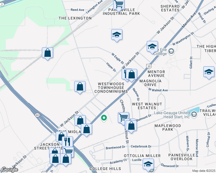 map of restaurants, bars, coffee shops, grocery stores, and more near 762 Mentor Avenue in Painesville