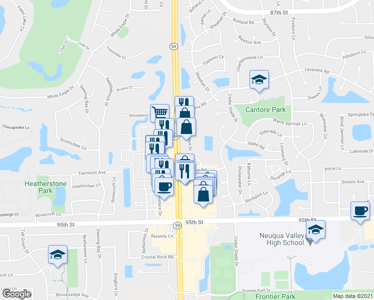 map of restaurants, bars, coffee shops, grocery stores, and more near 2759 Forgue Drive in Naperville