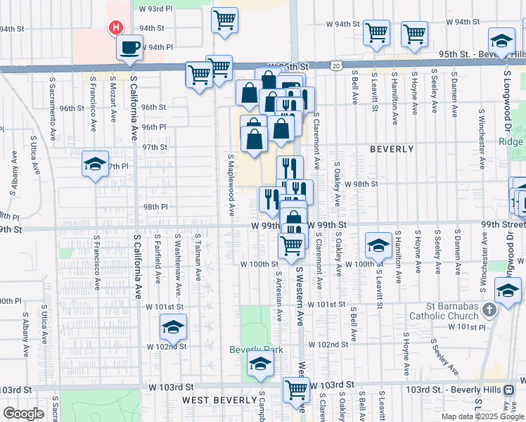 map of restaurants, bars, coffee shops, grocery stores, and more near 9835 South Campbell Avenue in Evergreen Park