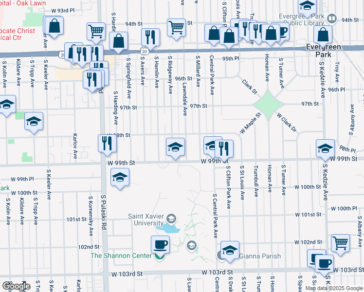 map of restaurants, bars, coffee shops, grocery stores, and more near 9800 Lawndale Avenue in Evergreen Park