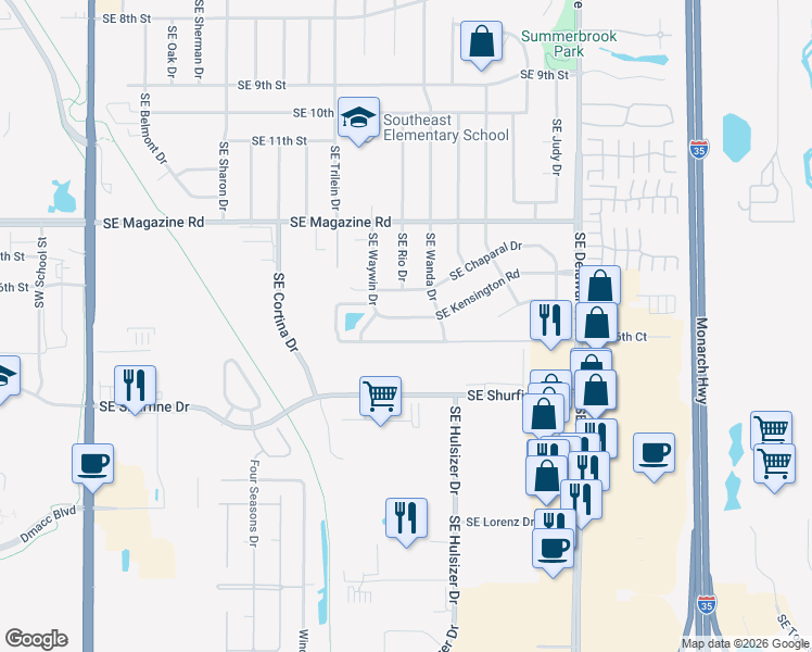 map of restaurants, bars, coffee shops, grocery stores, and more near 709 Southeast Chaparal Drive in Ankeny