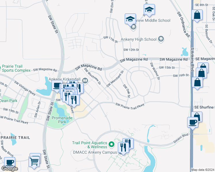 map of restaurants, bars, coffee shops, grocery stores, and more near Southwest Merchant Street in Ankeny