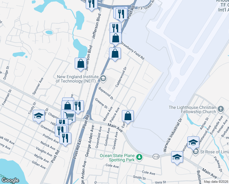map of restaurants, bars, coffee shops, grocery stores, and more near 170 Calderwood Drive in Warwick