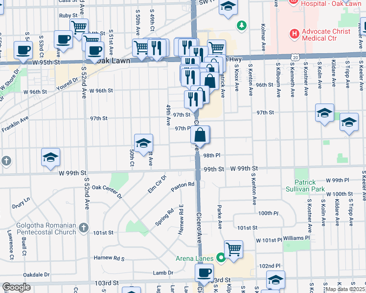 map of restaurants, bars, coffee shops, grocery stores, and more near 4840 West 98th Street in Oak Lawn