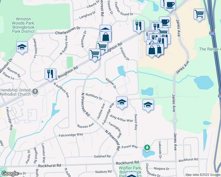map of restaurants, bars, coffee shops, grocery stores, and more near 503 Kildeer Drive in Bolingbrook